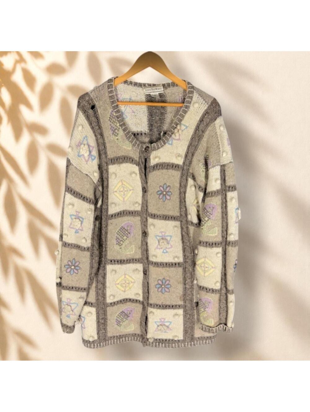 August Max Cardigan Women 2X Plus Beige Plaid Button Long Sleeve Knit Wool